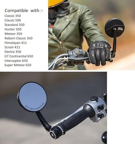 Zombieeast Bike Round Rear View Side Handle Bar End Mirror Convex Glass Compatible with Royal Enfield Classic 350 Bullet Continental GT Meteor 350 Hunter 350 Super Meteor 650 2 Pieces BAR END Design